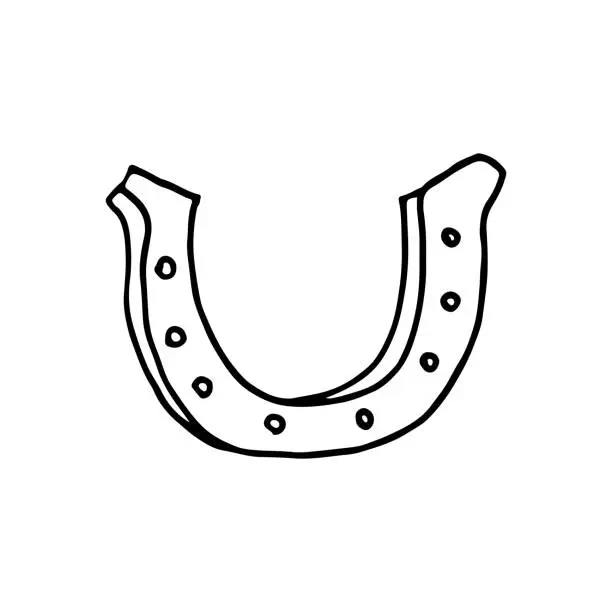 Vector illustration of Horseshoe, metal, arched, with holes. Protecting your horse's hooves from injury. Doodle. Vector illustration. Hand drawn. Outline.