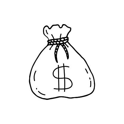 A bag of money tied with a rope. Wild West. Doodle. Vector illustration. Hand drawn. Outline.