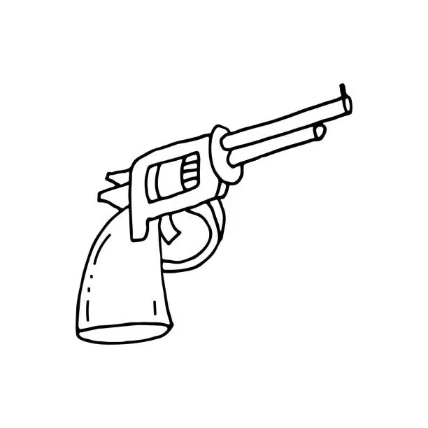Vector illustration of Revolver, a multi-shot small arms weapon with a rotating cylinder. Doodle. Vector illustration. Hand drawn. Outline.