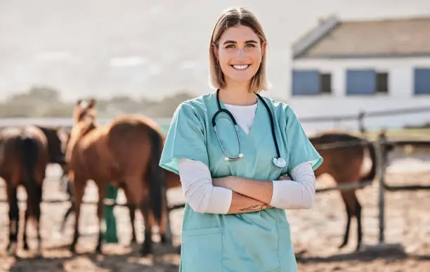 Photo of Happy horse vet, portrait and woman with arms crossed, care or smile for love, animal or nature at farm. Doctor, nurse and equine healthcare expert in sunshine, countryside and services for wellness