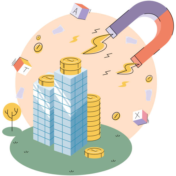 ilustraciones, imágenes clip art, dibujos animados e iconos de stock de un enorme imán atrae el dinero que yace en un rascacielos. ingresos por venta o alquiler de bienes inmuebles - greed currency office building business