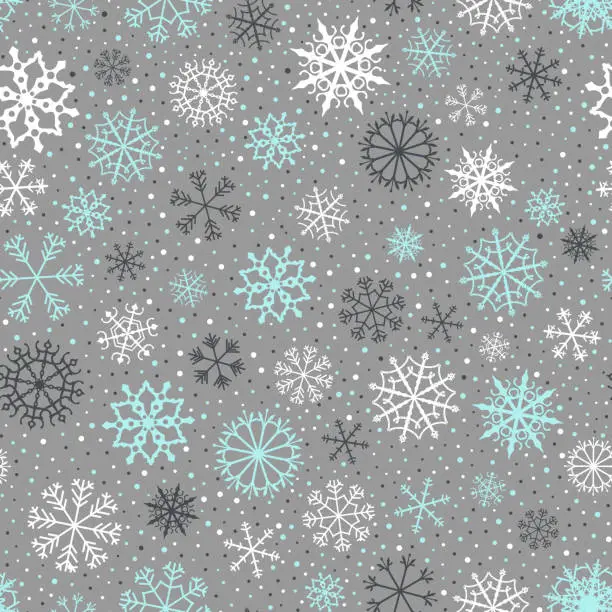 Vector illustration of Vector seamless pattern with white, gray and blue snowflakes for winter and Christmas backgrounds and wrapping paper