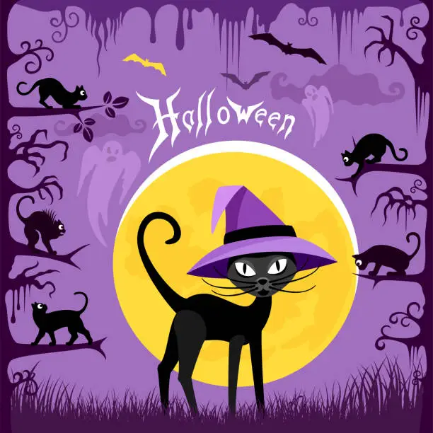 Vector illustration of Halloween Black Cat in a Witch Hat.