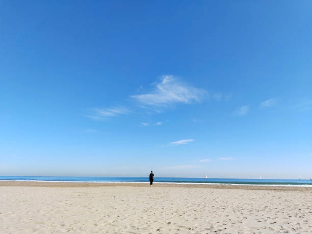 Day at the beach with clear skies and a blue sky