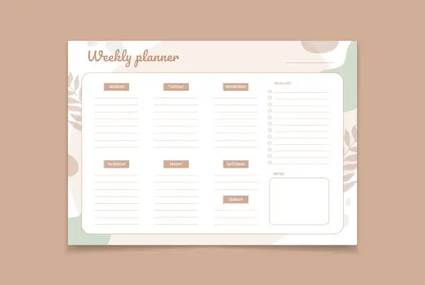 Vector illustration of Weekly planner template Vector. Blank white notebook page A4. Floral background