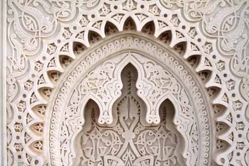 Arabesque pattern carved in the marble at the Mausoleum of Mohammed V. Rabat, Morocco.