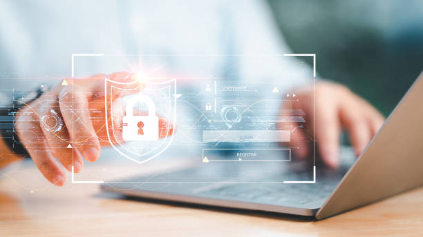 istock Men touch virtual screen sign in to cyber network. virtual screen showing login for security system. Concept work on cyber with online Internet. Notebook computer on deck. businessman login cyberspace 1738819419