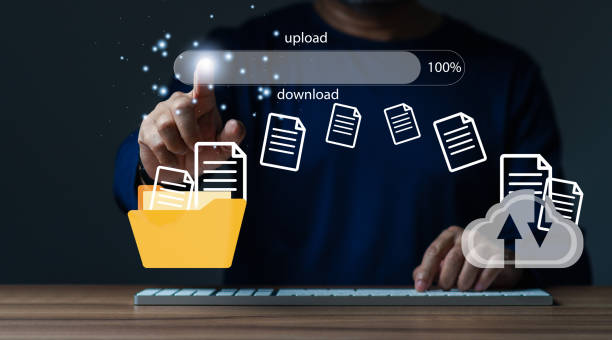 istock businessman upload documents from computer to backup online cloud and download copy file data from cloud network for makework in office or from home. download and upload document for business concept 1738826210