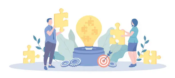 Vector illustration of Development and Innovations. Idea, brainstorming, creativity, education, knowledge. Vector illustration with character situation for web.