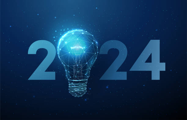 istock Abstract Happy 2024 New Year greeting card with blue light bulb. Ai and buisnes concept. Low poly style design 1738829037