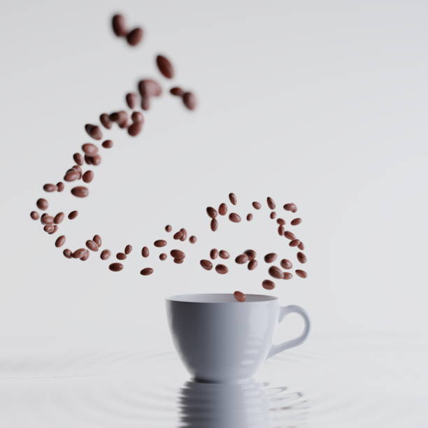 istock Coffee mug on a wet table, coffee beans falling inside the mug on a white background. Caffeine espresso drink. 3d render 1738831230