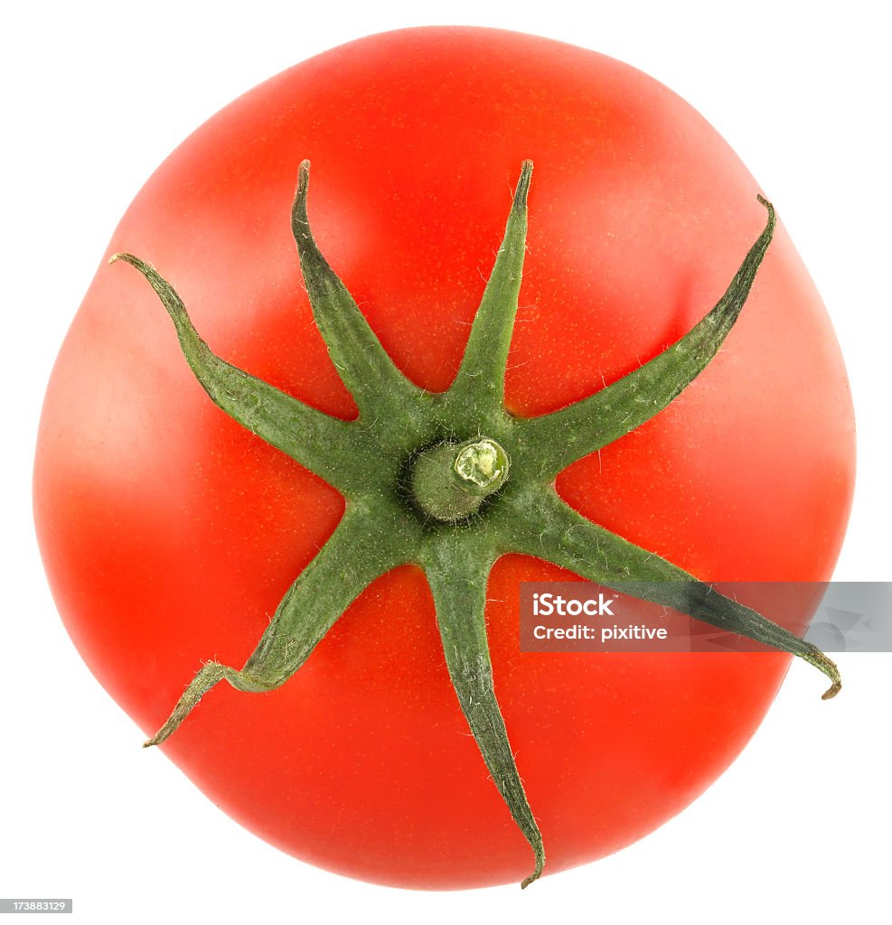 One red tomato with green vine on white background Tomato isolated on white. Tomato Stock Photo