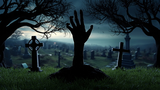 Halloween Hand of risen dead from grave in cemetery, grave crosses, zombies at night. 3d render