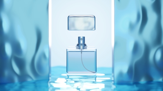 Perfume face lotion in a bottle on a wet blue background in water, skin care. Natural perfumes, cosmetics, moisturizing. 3d render