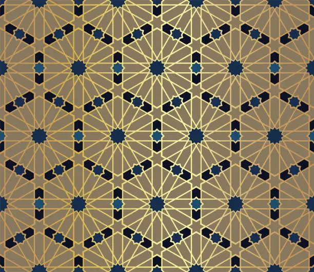 Vector illustration of Arabic motif pattern.  Gold and blue textile design. Geometric fabric swatch.