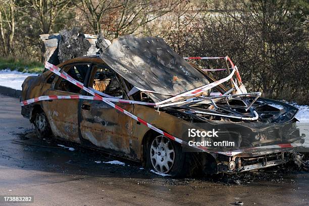 Burntout Car Wreck Stock Photo - Download Image Now - Barricade Tape, Car Accident, Fire - Natural Phenomenon