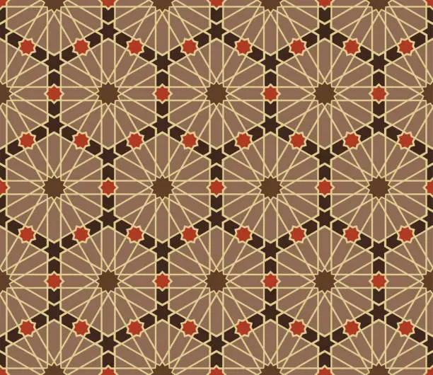 Vector illustration of Arabic motif pattern.  Brown and orange textile design. Geometric fabric swatch.