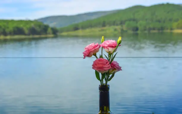 Bouquet of flowers in a crystal vase on a background of a forest lake.