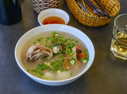 Vietnamese rice noodle soup (Vietnamese is Hu tieu Nam Vang), popular street food in Southern Vietnam.