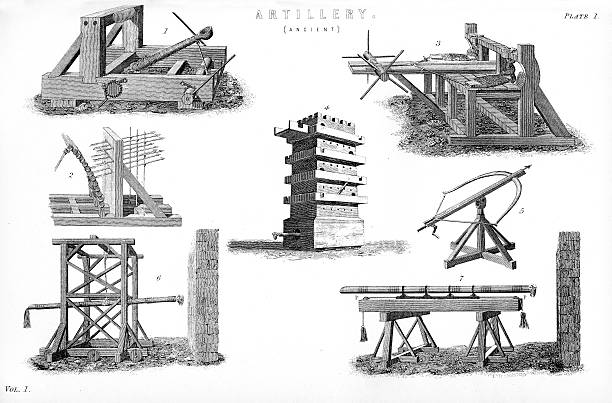 앤시언트 가득했다 seige 장비 catapult ballista - trebuchet stock illustrations