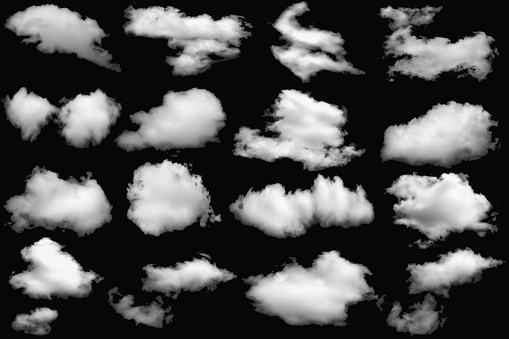 Collection of clouds white fluffy for design on a isolated elements black background.