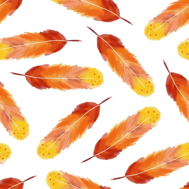 Vector illustration of Watercolor Orange Feathers Seamless Pattern. Boho Abstract Background. Design Element for Greeting Cards and Wedding, Birthday and other Holiday and Summer Invitation Cards Background.