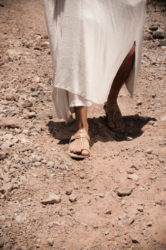 Female legs with pedicure in summer brown sandals on a pink background, copy space.