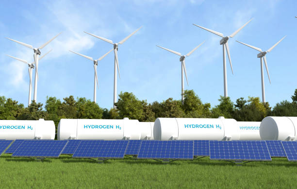 istock Hydrogen storage with solar panels and wind turbines, Green alternative energy. 1738856591