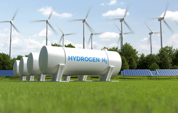 istock Hydrogen storage with solar panels and wind turbines, Green alternative energy. 1738856889