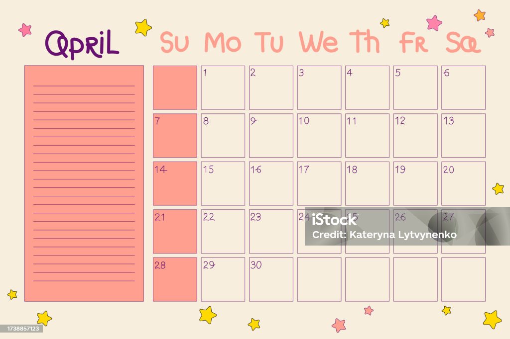 Calendar 2024 April Cartoon Design In 80s Retro Hippie Style Vector
