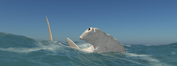 Computer generated 3D illustration with a hammerhead shark in stormy sea