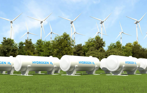 istock Hydrogen storage with solar panels and wind turbines, Green alternative energy. 1738857721
