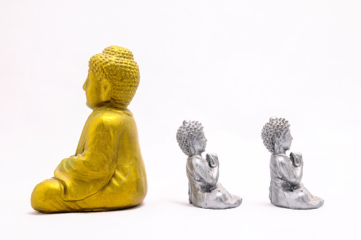 Golden Buddha with lotus flower on shelf