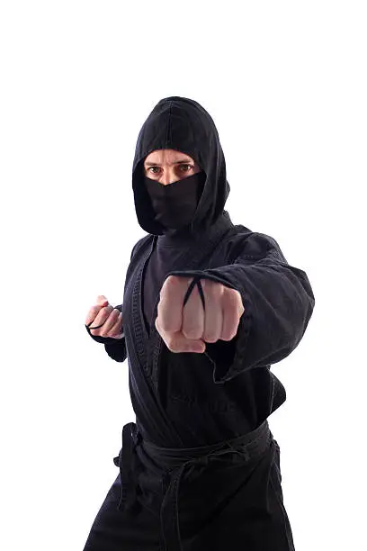A ninja executes a basic punch while isolated on a white background.