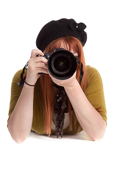 istock Female Photographer with Camera Isolated on White 173886504