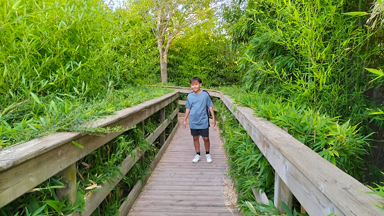 Boy walking in the middle of some green bushes