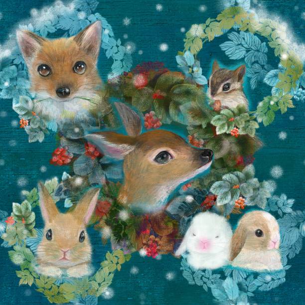 istock Seamless pattern illustration of raspberry wreath with cute animals in snowy forest 1738874865