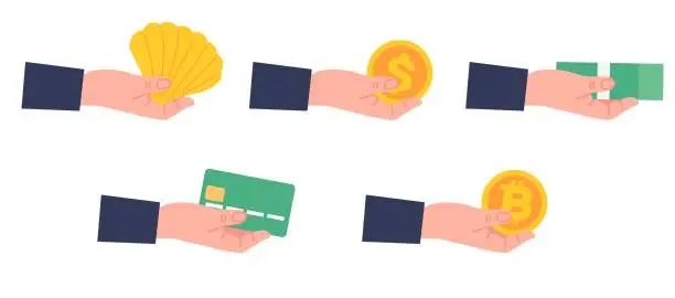 Vector illustration of Evolution of money. Payment methods from barter trade to cryptocurrency. Dollar banknotes. Gold coins. Credit card. People holding cash for paying. Financial transaction. Vector concept