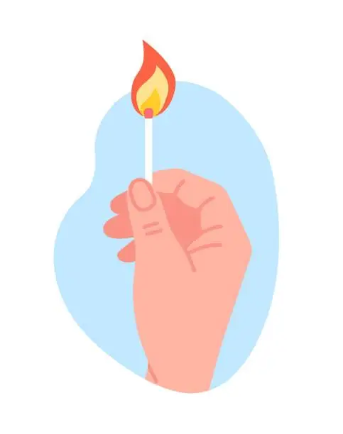 Vector illustration of Hand holding burning match. Wooden stick with flammable Sulphur. Matchstick blazing. Bonfire danger. Flame ignition. Matchbook in human arm. Wood combustion. Igniting light. Vector concept