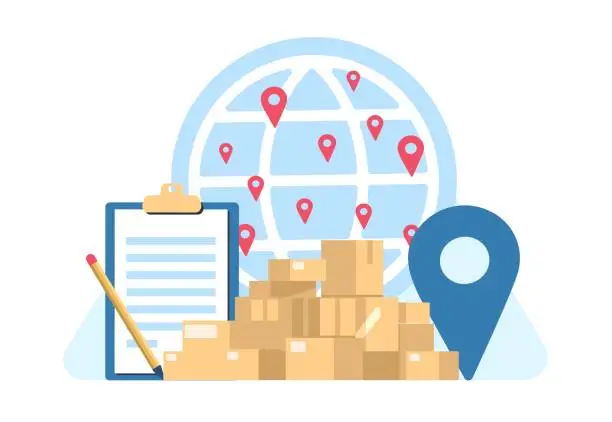 Vector illustration of International express delivery of goods. Order shipping service. Cardboard parcels heap. Boxes shipment. Distribution location pins. Contract tablet. Global transportation. Vector concept