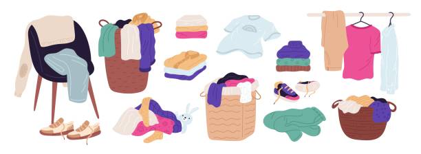 Clothes in piles and stacks. Laundry baskets with t-shirts, panties and blouses. Cartoon casual wear. Domestic preparation for washing. Jeans and coats in wardrobe. Garish vector set Clothes in piles and stacks. Laundry baskets with t-shirts, panties and blouses. Cartoon casual wear. Domestic preparation for washing. Jeans and coats in wardrobe. Folded garment. Garish vector set folded sweater stock illustrations