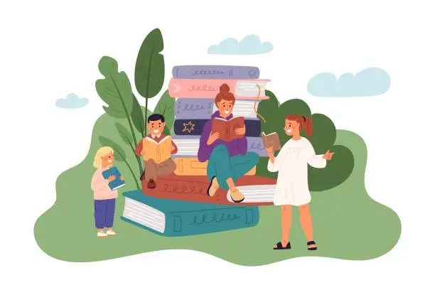 Vector illustration of Book lovers. Mom reads fairy tale to children. Large stack of literary volumes. People gain new knowledge. Parent with kids enjoy of literature. Relax in nature. Garish vector concept