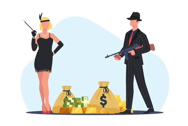 ilustrações de stock, clip art, desenhos animados e ícones de bonnie and clyde are standing near bags of money and gold bars. retro romantic couple killers. successful robbery, criminal people. vintage characters. cartoon flat isolated vector concept - men 20s cut out 30s