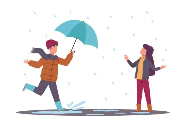 Vector illustration of Boy carrying umbrella for girl in rain. Kind child with good manners offers help. Kids in warm autumn outdoor clothes walking on puddles. Cartoon flat style isolated vector concept