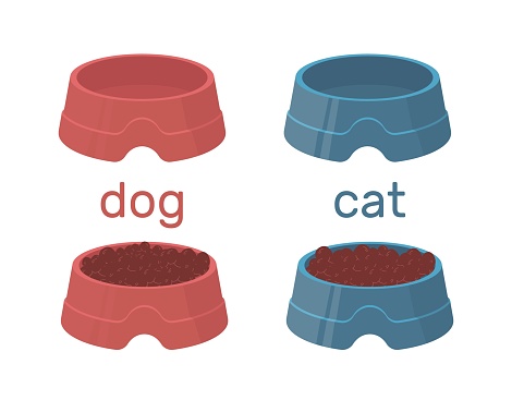 Personalized bowls with and without food for dog and cat. Containers with dry meal for pets, Canine or feline full feed and empty dish. Cartoon flat style illustration. Vector vet accessory concept