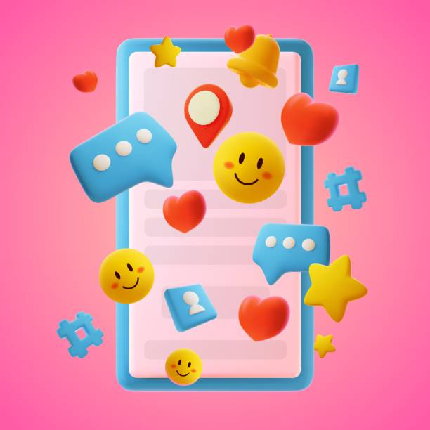 istock Social media 3d icons phone. Online communication symbols, cartoon realistic elements, smartphone application flying signs, smiling emoji. heart, map pin and speech bubble. vector concept 1738879071