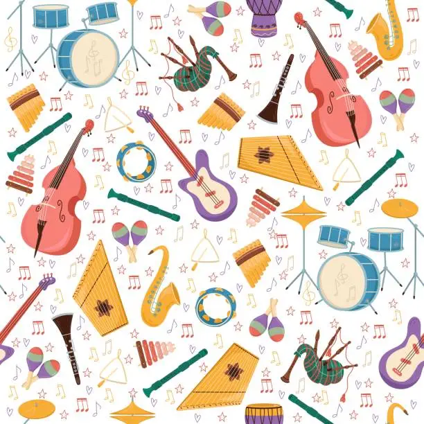 Vector illustration of Seamless pattern with musical instruments. Orchestra accessory. Violin and drums. Decor textile, wrapping paper, wallpaper design. Print for fabric. Cartoon flat isolated vector concept