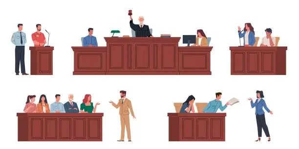 Vector illustration of Judicial system people. Wooden tribunes with law representatives, jurors, accused, witness and prosecutor, court session, legal defence process or court tribunal, cartoon flat nowaday vector set