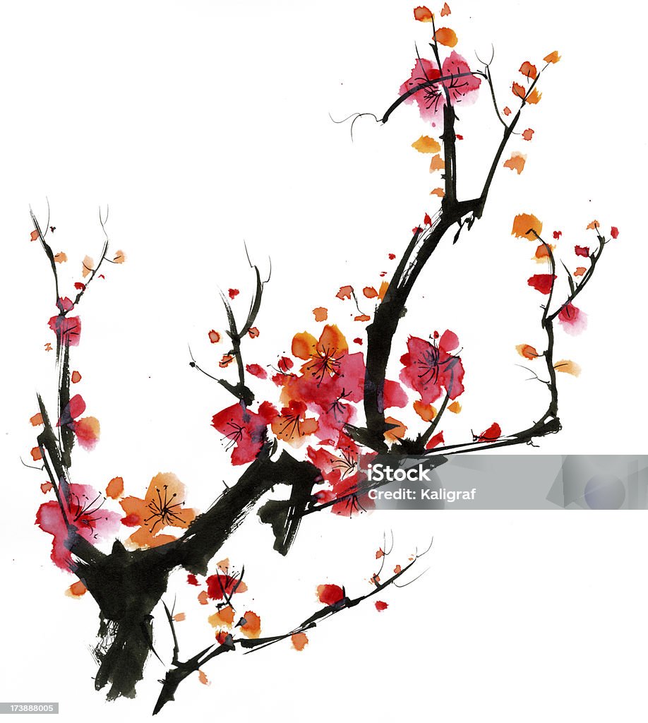 Цветение сливы - Стоковые иллюстрации Акварельная живопись роялти-фри