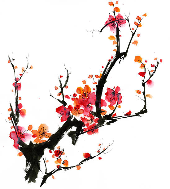 Plum Blossom watercolor painting chan buddhism photos stock illustrations